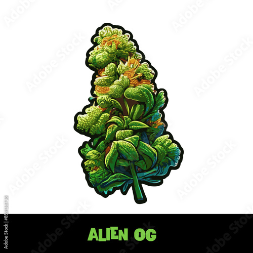 Vector Illustrated Alien OG Cannabis Bud Strain Cartoon