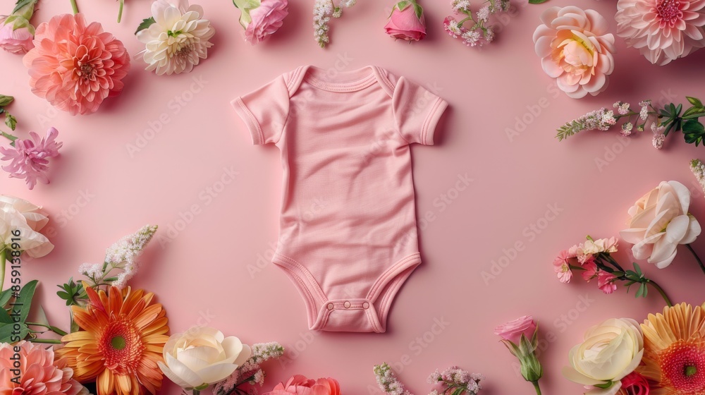 Baby bodysuit on pastel pink background with flowers 