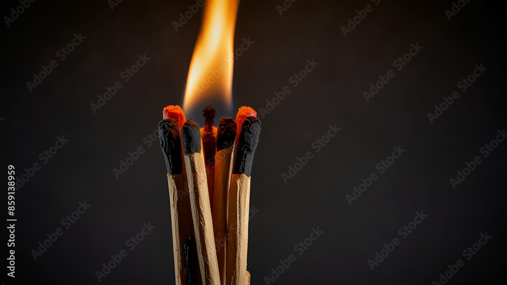 Burning matches against a black background, their flames casting a vivid, flickering glow.
