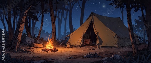 Tent camping in the dark forest at night with a campfire. photo