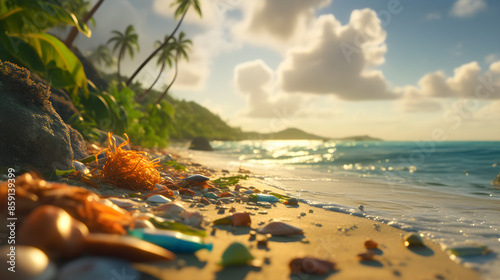 beach with palm trees and plastic
