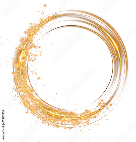 Golden or yellow magical fantasy portal. Round light frame, with fine dust particles, futuristic teleporter. Golden neon lights illuminate night scene with sparkles. Lighting effect. PNG.