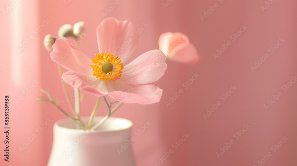 Delicate pastel pink background with buttercup flower in vase close up Delicate pastel pink background with buttercup flower in vase close up
