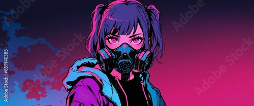 Synthwave anime manga girl, lofi background wallpaper design, neon, woman, hoodie, cyber punk, steam punk, gas mask.
