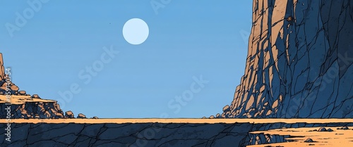 Alien cliffside landscape with steep drops and craters under a blue sky for games 2d style. photo