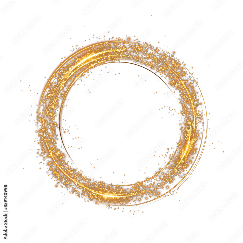 Golden or yellow magical fantasy portal. Round light frame, with fine dust particles, futuristic teleporter. Golden neon lights illuminate night scene with sparkles. Lighting effect. PNG.