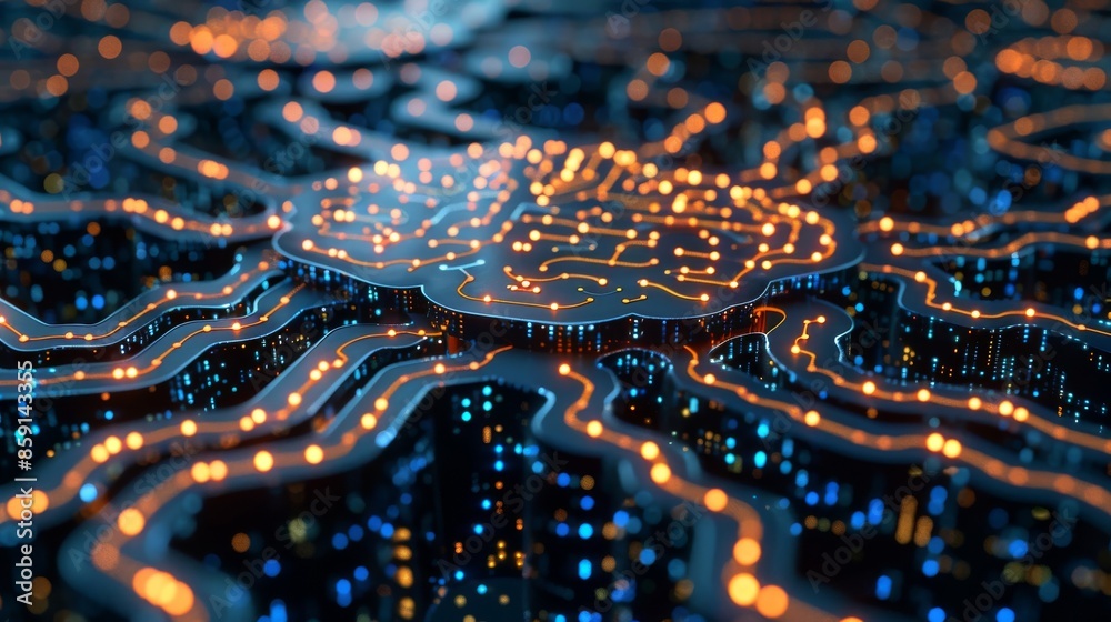 Glowing brain circuit board abstract a cybernetic microchip Glowing brain circuit board abstract a cybernetic microchip
