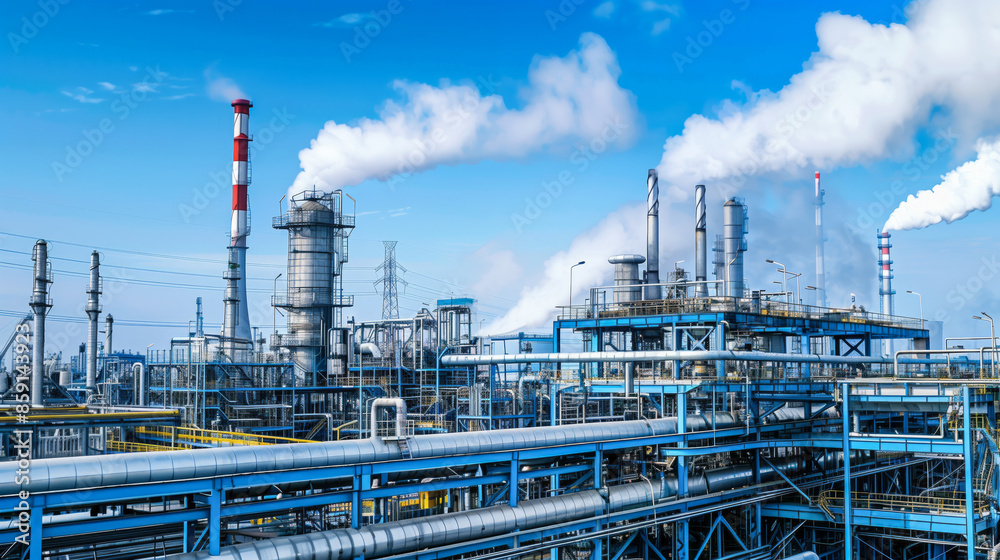 Obraz premium A manufacturing plant with smokestacks, pipelines, and large industrial structures,
