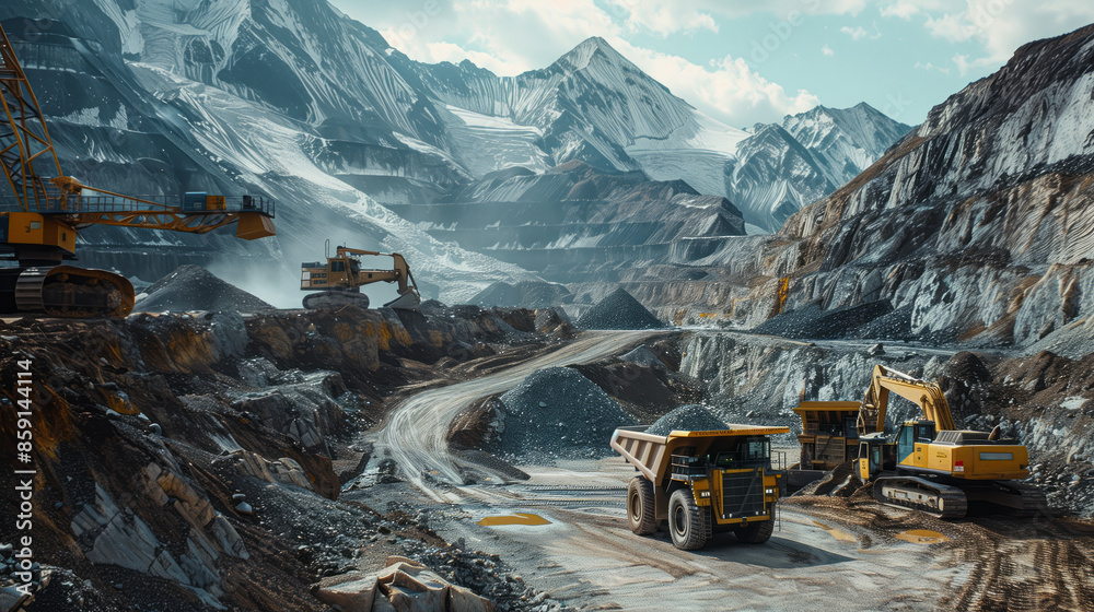 A mining operation with heavy machinery extracting ore from the earth A mining operation with heavy machinery extracting ore from the earth