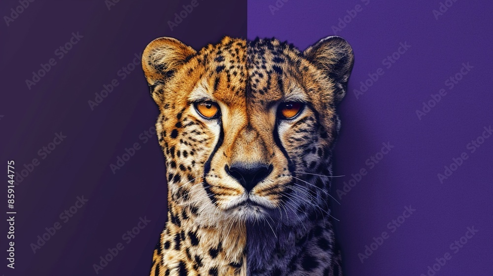 A cheetah's face merging with a leopard's face, dual-toned with orange and black spots on an isolated purple background. A cheetah's face merging with a leopard's face, dual-toned with orange and black spots on an isolated purple background.