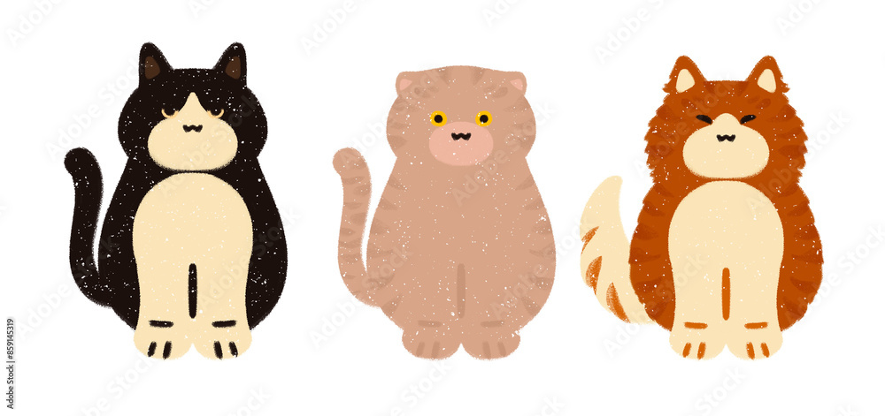 Fototapeta premium trendy simple cartoonish fluffy cat kitten kitty characters cute animal set icons hand drawn illustration style picture book children's book white background Moggy Scottish Fold American Curl Ginger