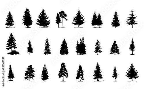 Pine tree silhouette clipart collection on white background