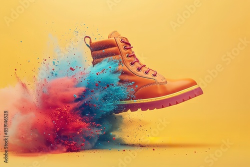 A close shot of trendy sneakers with colorful smokes over a clean yellow backdrop and big space for text or product advertisement, Generative AI.