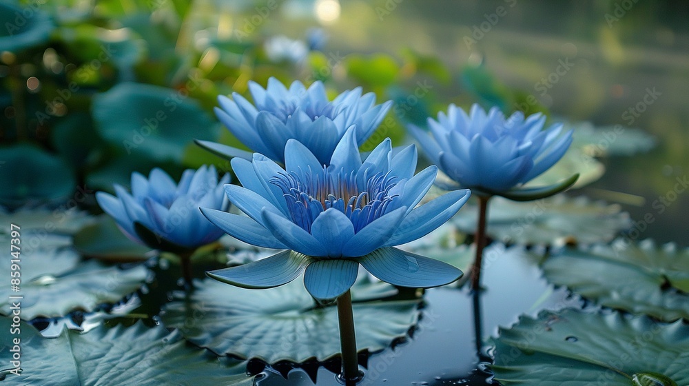 Sri Lankan Blue Water Lily A vibrant blue water lily with large, rounded leaves, floating in a serene pond in Sri Lanka Sri Lankan Blue Water Lily A vibrant blue water lily with large, rounded leaves, floating in a serene pond in Sri Lanka