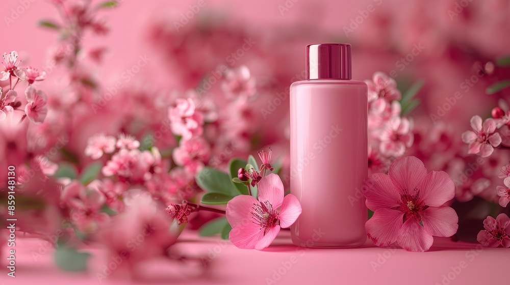 A bright display showing a pink bottle amidst blooming pink flowers. The vivid and appealing composition is perfect for promoting beauty and skincare products. A bright display showing a pink bottle amidst blooming pink flowers. The vivid and appealing composition is perfect for promoting beauty and skincare products.