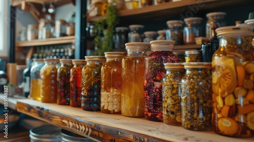 Dynamic fermentation workshop, jars and bottles with various ferments