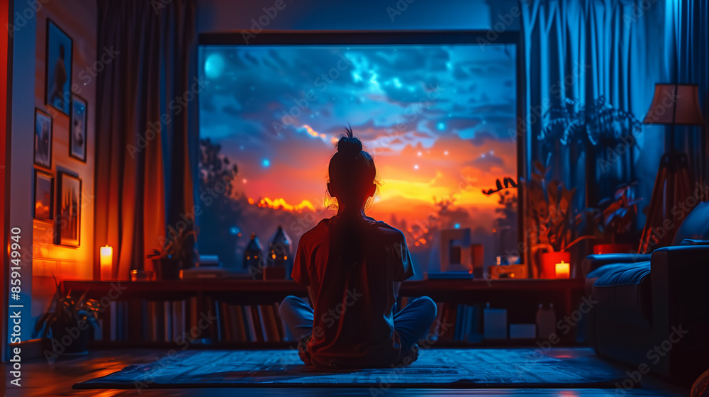 A person meditating at home in the evening A person meditating at home in the evening