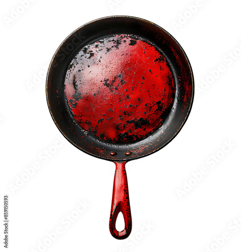 red handled frying pan on transparent isolated background photo