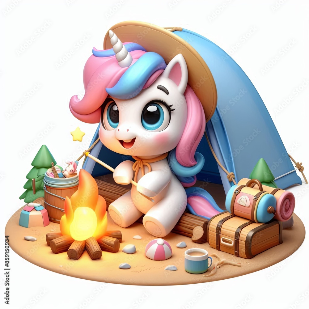 Obraz premium cute unicorn camping cartoon, 3d Generative AI