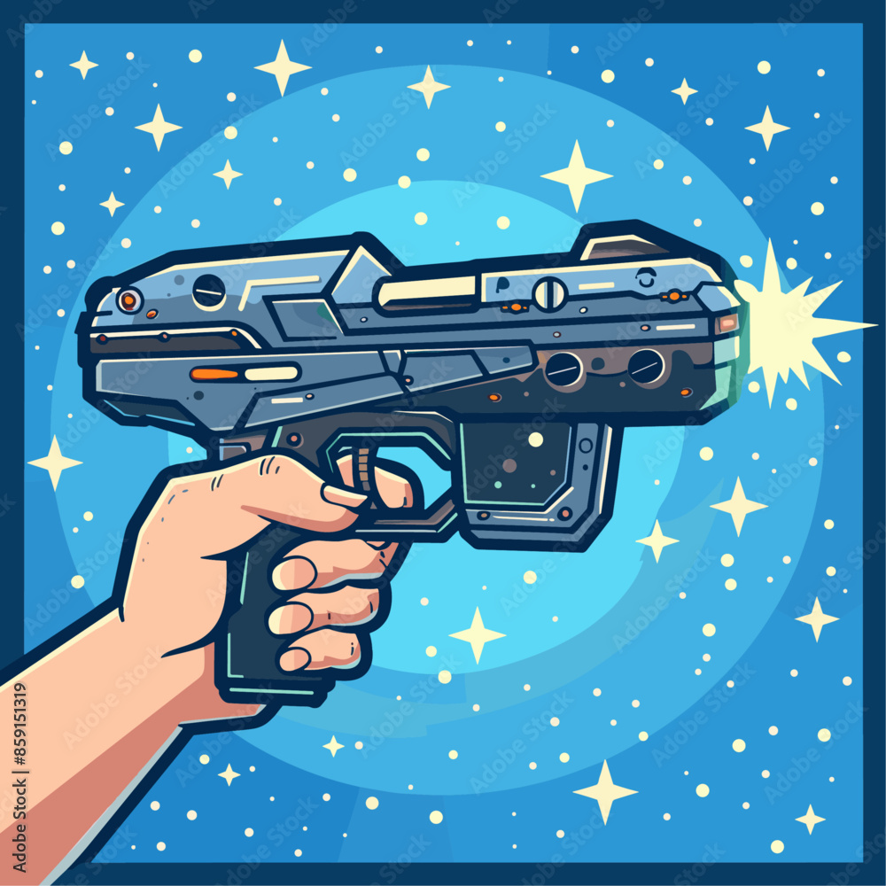 Hand holding futuristic laser gun icon, flat design with simple line ...
