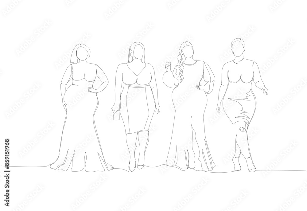 plus size models set, women in evening dresses one line art. Continuous line drawing of body positive, overweight, plus size model, XL, health, fashion, self acceptance. plus size models set, women in evening dresses one line art. Continuous line drawing of body positive, overweight, plus size model, XL, health, fashion, self acceptance.