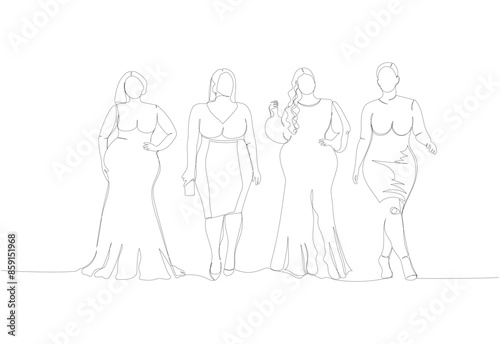 plus size models set, women in evening dresses one line art. Continuous line drawing of body positive, overweight, plus size model, XL, health, fashion, self acceptance.