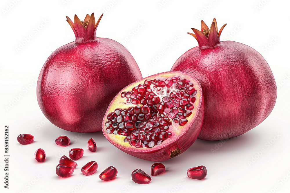 Close Up of Fresh Pomegranates with Seeds on White Background Healthy Fruit Filled with Antioxidants and Nutrients Ready for Juicing, Cooking, or Snacking Vibrant and Delicious Close Up of Fresh Pomegranates with Seeds on White Background Healthy Fruit Filled with Antioxidants and Nutrients Ready for Juicing, Cooking, or Snacking Vibrant and Delicious