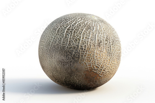 Detailed Close Up of a Weathered, Textured Gray Sphere with Cracks and Lines, Resembling a Natural Material or Geological Formation, Isolated on a White Background photo