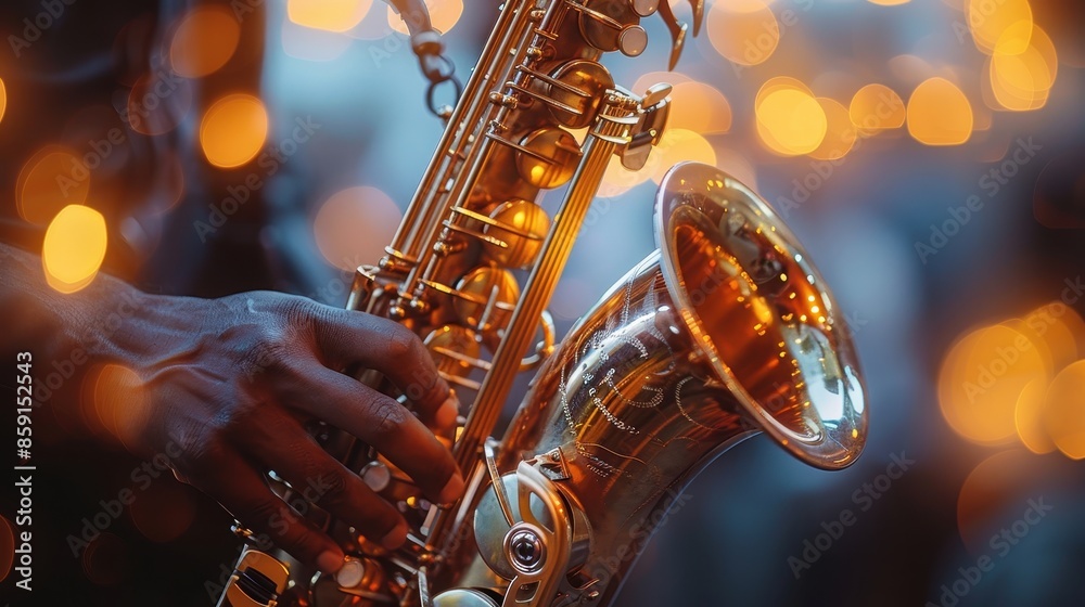 A close-up of a saxophone being played with a background filled with warm bokeh lights, capturing the essence of live music performance and festive atmosphere. A close-up of a saxophone being played with a background filled with warm bokeh lights, capturing the essence of live music performance and festive atmosphere.