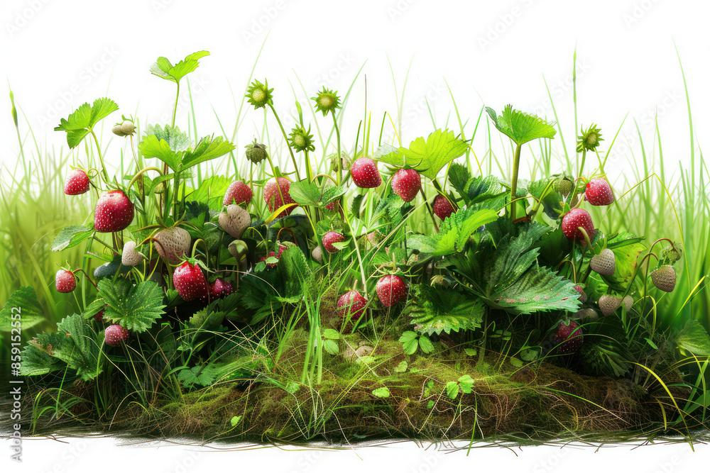 Obraz premium Enjoy the Beauty and Freshness of a Blossoming Strawberry Patch in a Verdant Green Meadow under the Warm Sunlight, Ideal for Natural Harvesting, Gardening, and Wholesome Fruit Enjoyment