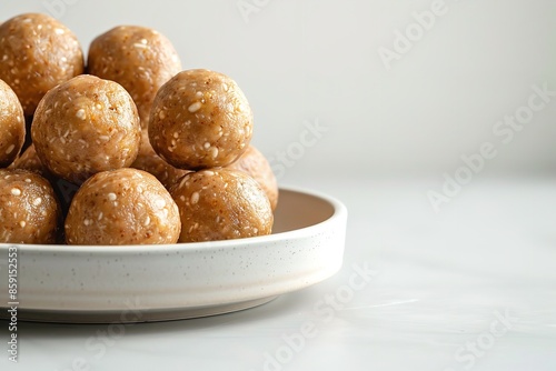 A close shot of a plate of peanut butter protein balls with a clean white backdrop and a big space for text or product advertisement purpose, Generative AI.