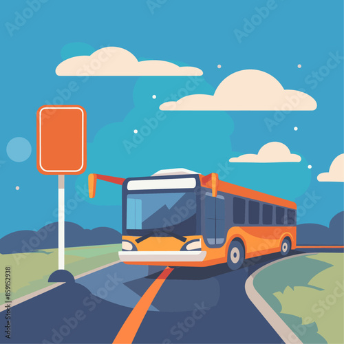 Flat style illustration, a bus at a stop sign on a highway, a simple background, an orange and blue color scheme, in the style of a cartoon, vector graphics