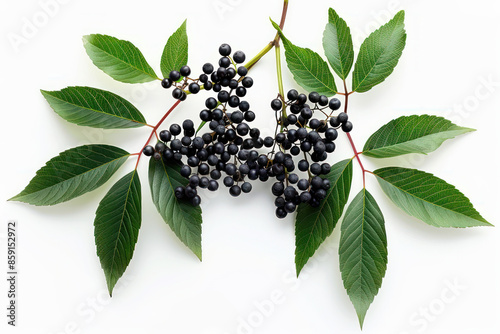 Fresh Elderberries on Branch with Green Leaves Isolated on White Background Natural Herbal Remedy, Antioxidant Rich Elderberry Berries, Healthy Organic Plant Image