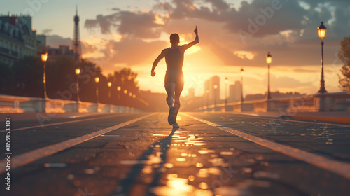 Ecstatic Caucasian athlete holding gold medal after winning Olympic event. Paris streets