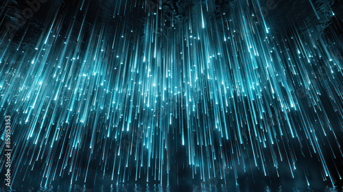 Futuristic Digital Abstract Background with Shimmering Cyan Light Beams High Tech Cyber Aesthetic of Glowing Vertical Streaks Modern Sci Fi Illumination in a Mystical Virtual Space photo