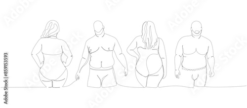 plus size models set, women and men in swimsuits one line art. Continuous line drawing of body positive, overweight, plus size model, XL, health, fashion, self acceptance.