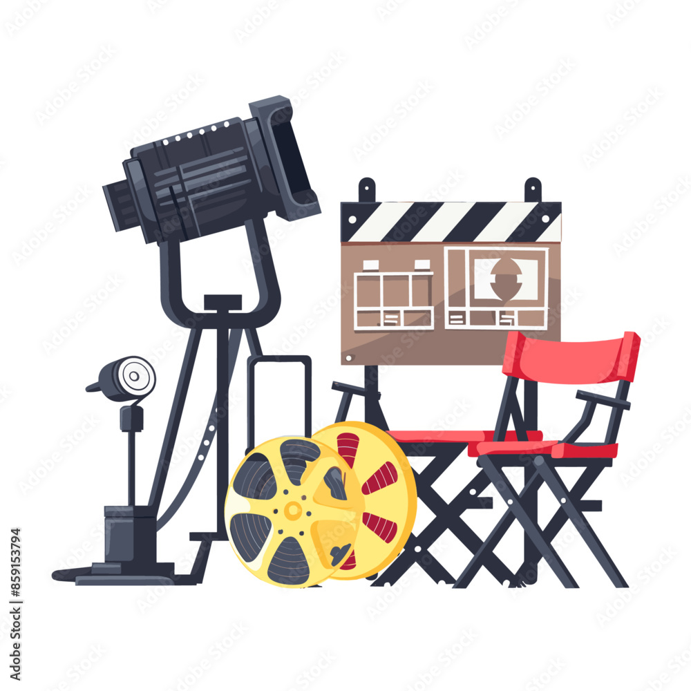 Obraz premium vector flat illustration of a movie director's chair with a clapperboard and camera