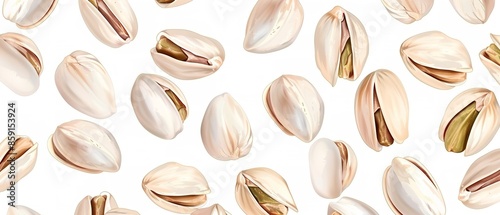 An illustrative work of pistachio kernels and shells seamless pattern over a off white backdrop for printing purpose or product backdrop, Generative AI.