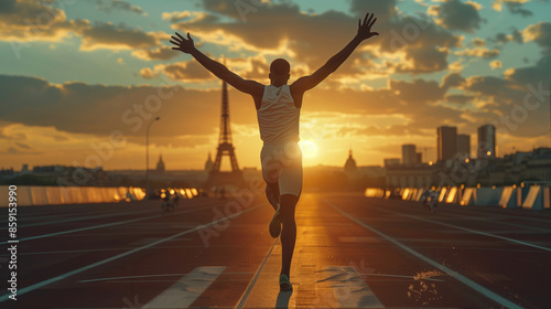 Black athlete raising arms in triumph after winning at the Olympics