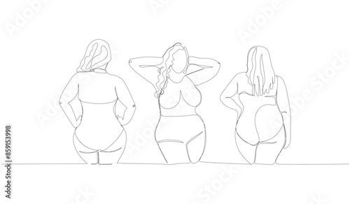 plus size models set, girls in swimsuits one line art. Continuous line drawing of body positive, overweight, plus size model, XL, health, fashion, self acceptance.