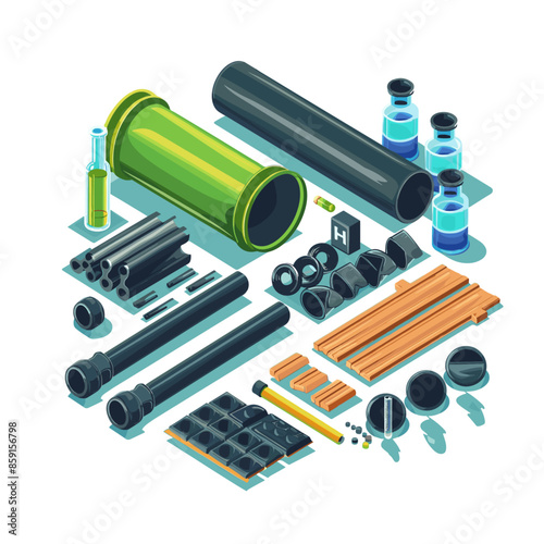 Vector illustration of construction materials for sewer system, including pipes and struts in the style of struntoons