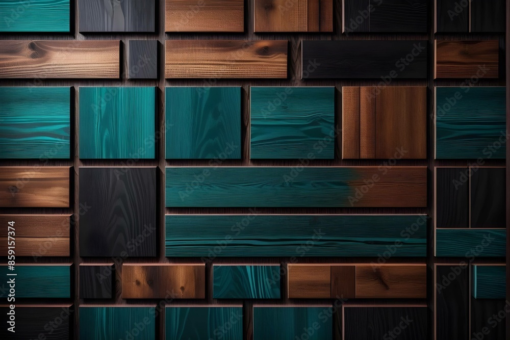 Geometric wooden tiles in dark brown and teal, textured pattern. Ideal for modern background wallpaper and abstract art concepts. generative ai Geometric wooden tiles in dark brown and teal, textured pattern. Ideal for modern background wallpaper and abstract art concepts. generative ai