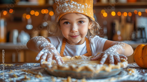 child chef hat kid face flour cooking baking knead dough pumpkin tart cake homemade hands preparing food kitchen delicious tasty pastry halloween christmas seasonal autumn celebration 