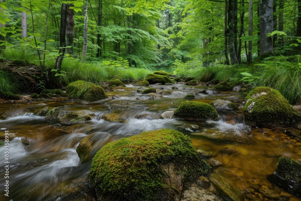 enchanting nature composition with mossy stones and a crystalclear stream flowing through a lush green forest enchanting nature composition with mossy stones and a crystalclear stream flowing through a lush green forest