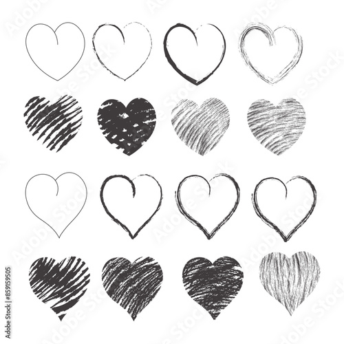 Set of hearts. Hand drawn hearts. Hatched hearts and hearts outline