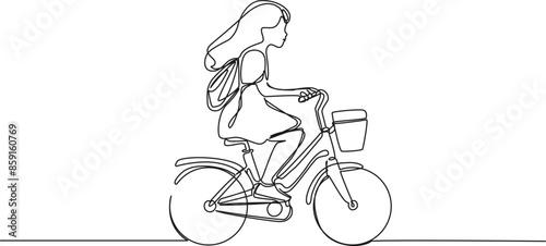 continuous single line drawing of young girl with daybag riding on childrens bicycle, line art vector illustration