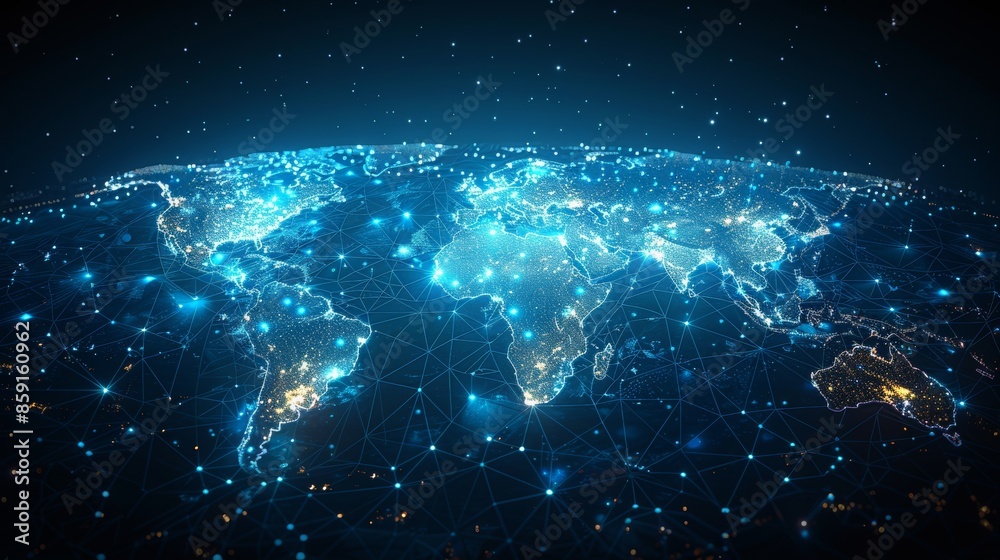 World map style technology concept. World map polygon technology on dark blue background. Dots and structures modern illustration. World map style technology concept. World map polygon technology on dark blue background. Dots and structures modern illustration.