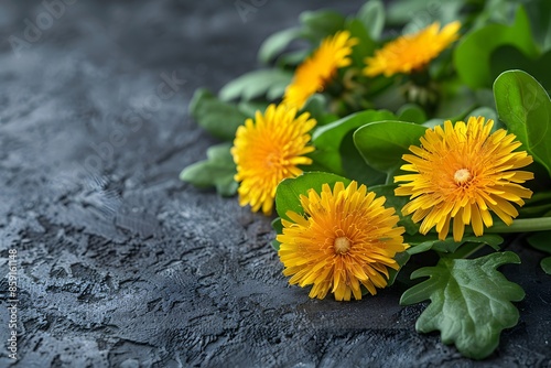 Bright Yellow Dandelions with Green Leaves on Textured Dark Background - Nature, Spring, Floral Design