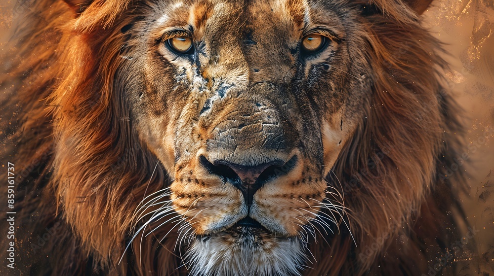 Fototapeta premium Male lion from the Kgalagadi desert facial portrait in fine art. Panthera leo. 