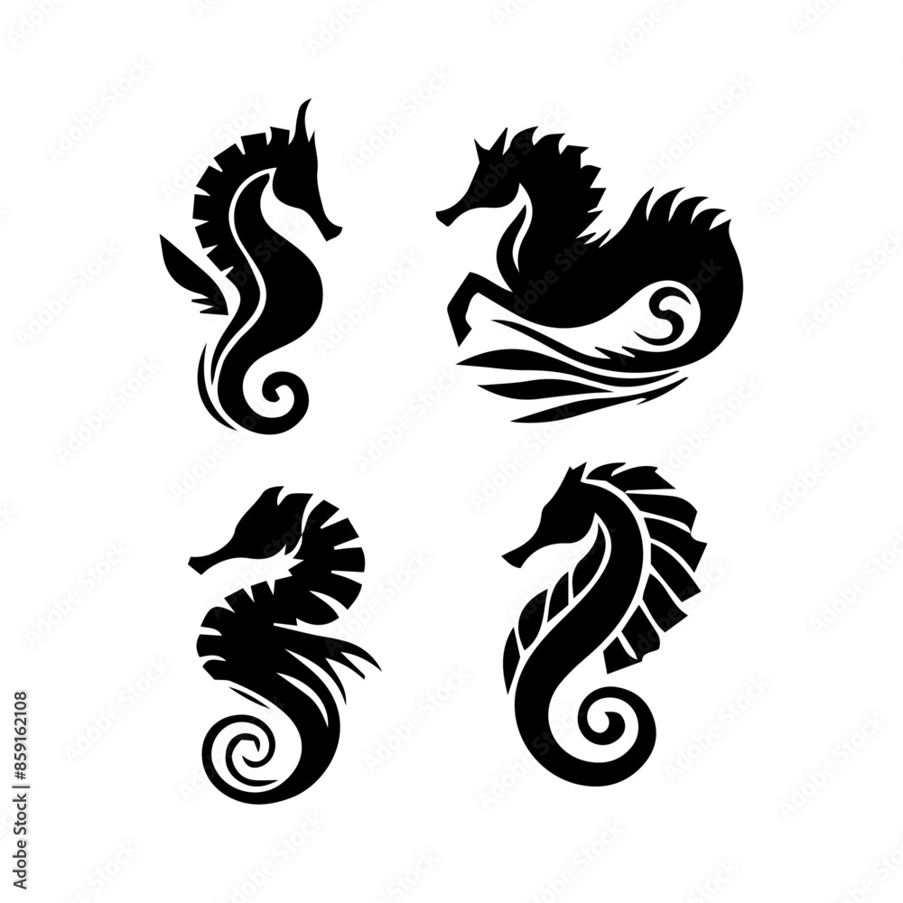 Naklejka premium seahorse silhouette set vector, Minimalist seahorse outline 